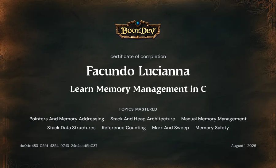 Facundo Lucianna's Boot.dev Learn Memory Management in C certificate