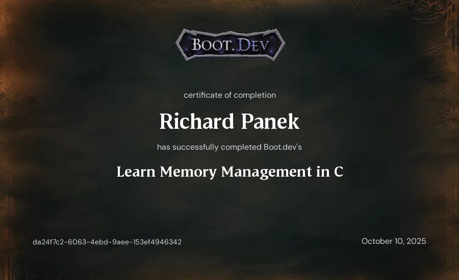 Richard Panek's Boot.dev Learn Memory Management in C certificate