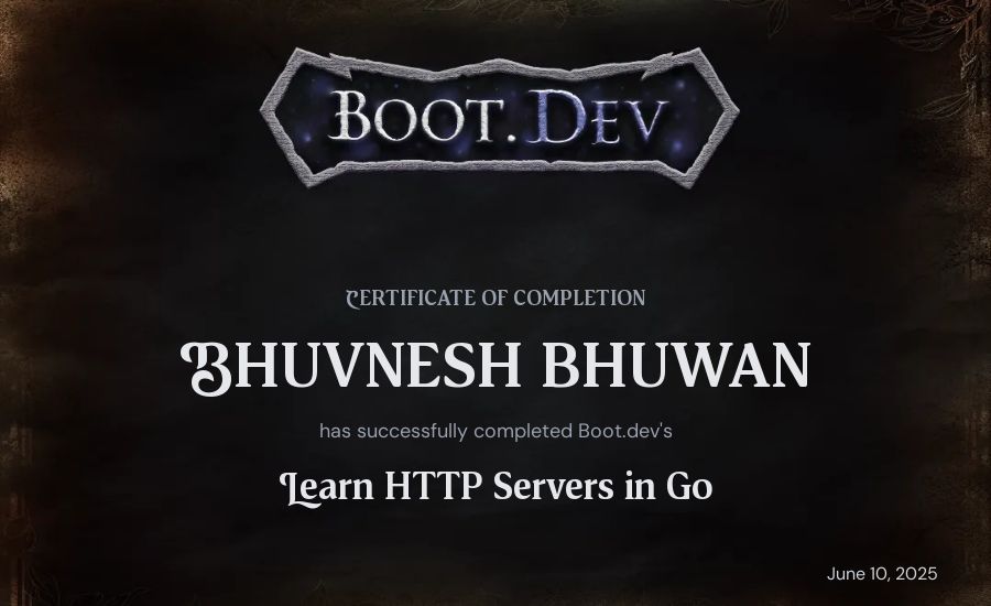 Bhuvnesh Bhuwan's Boot.dev Learn HTTP Servers in Go certificate