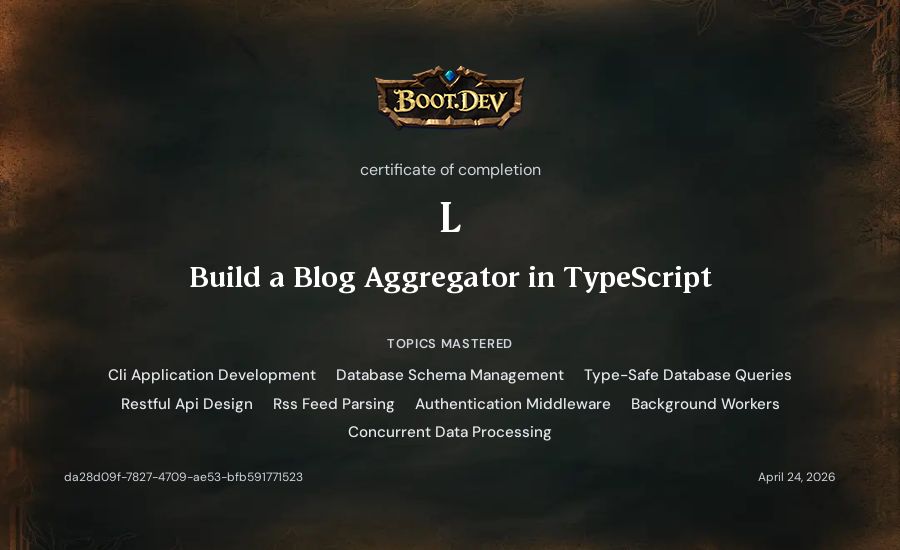 L's Boot.dev Build a Blog Aggregator in TypeScript certificate
