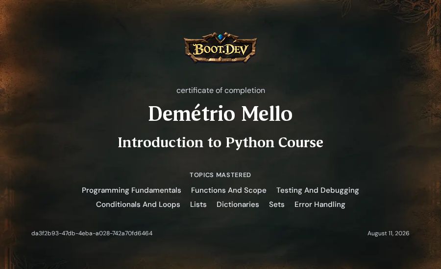 Demétrio Mello's Boot.dev Introduction to Python Course certificate