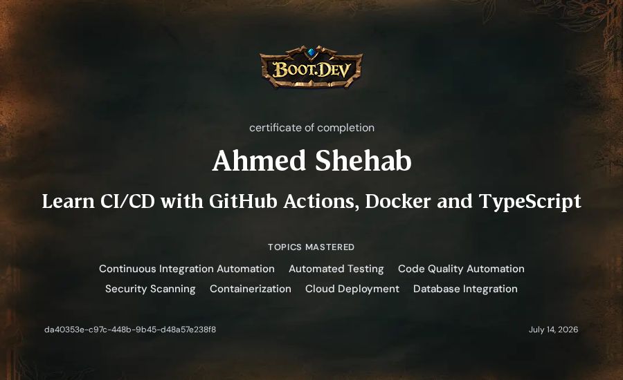 Ahmed Shehab's Boot.dev Learn CI/CD with GitHub Actions, Docker and TypeScript certificate