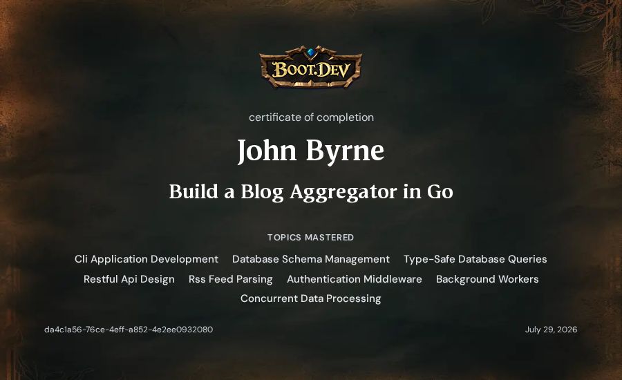 John Byrne's Boot.dev Build a Blog Aggregator in Go certificate