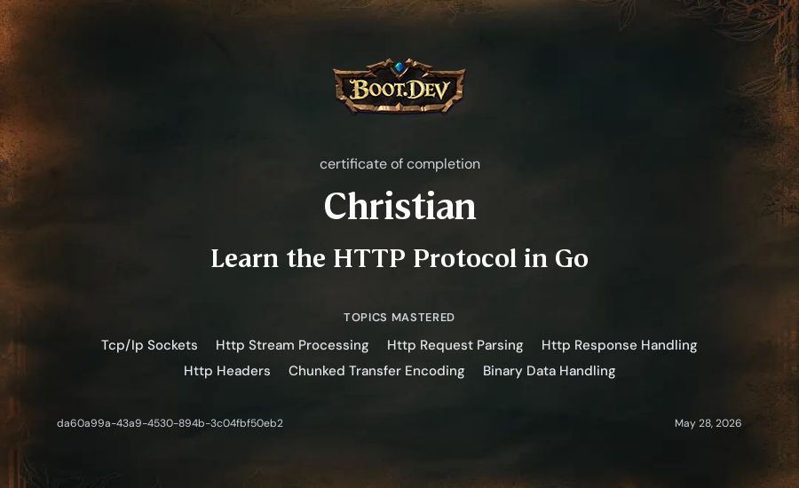 Christian's Boot.dev Learn the HTTP Protocol in Go certificate