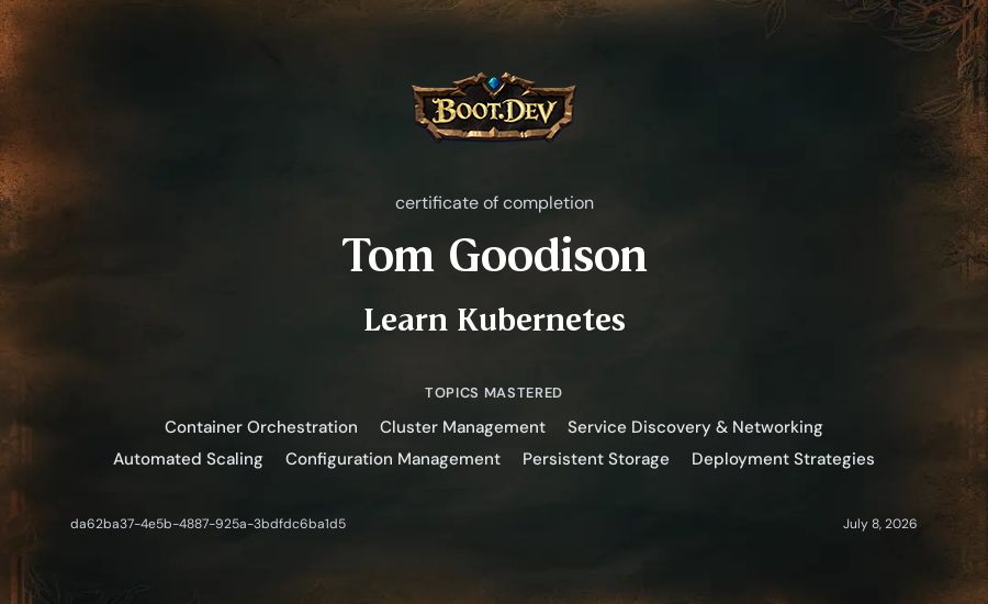 Tom Goodison's Boot.dev Learn Kubernetes certificate