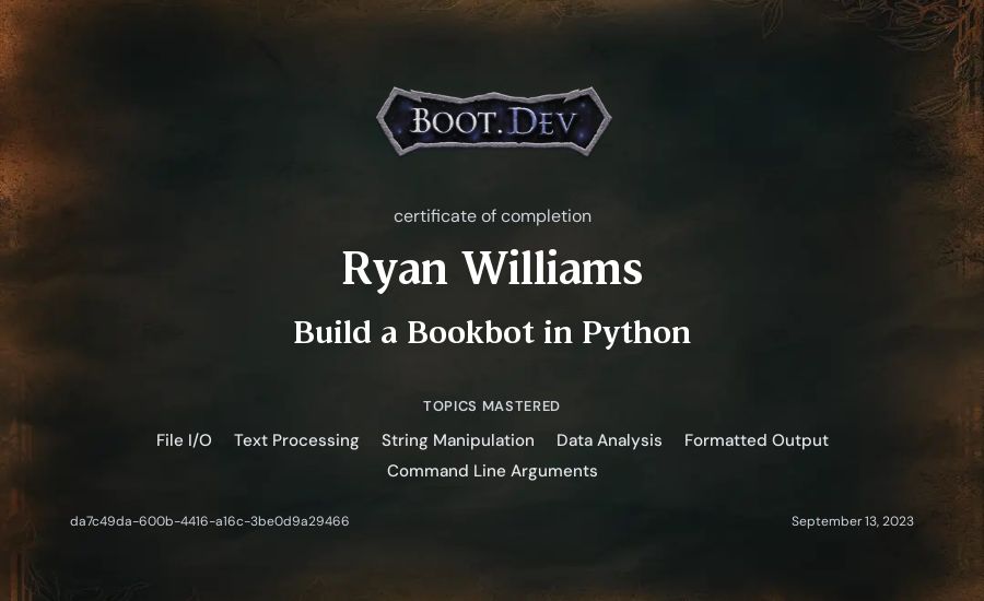 Ryan Williams's Boot.dev Build a BookBot in Python certificate