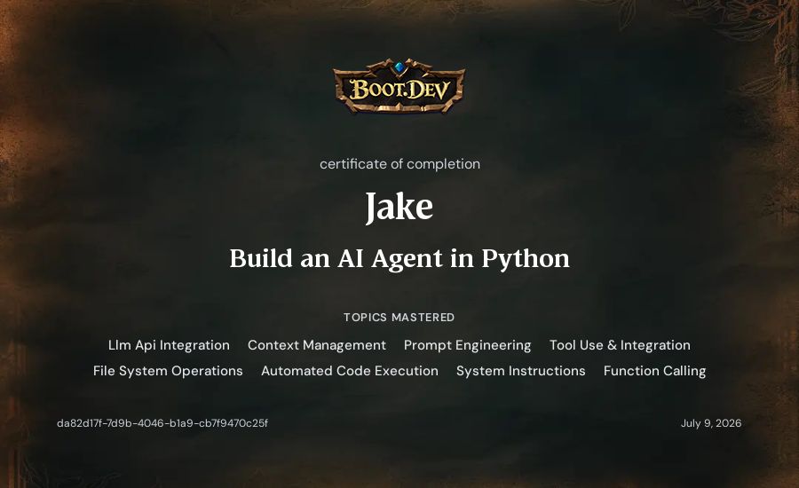 Jake's Boot.dev Build an AI Agent in Python certificate