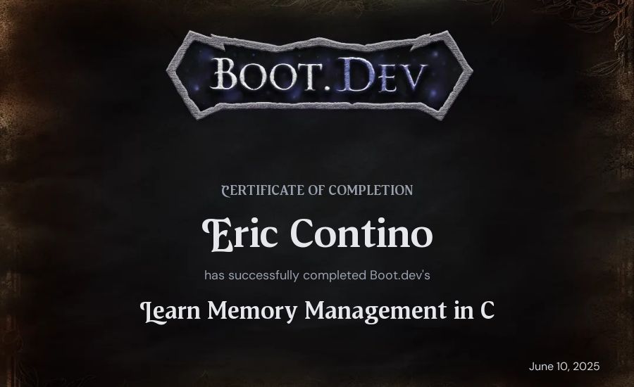 Eric Contino's Boot.dev Learn Memory Management in C certificate