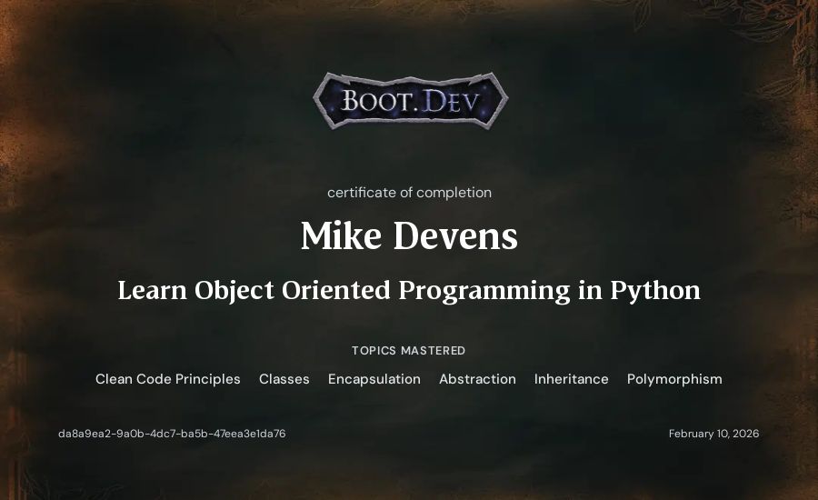 Mike Devens's Boot.dev Learn Object Oriented Programming in Python certificate