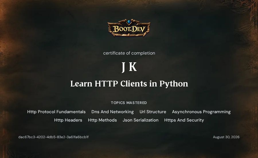 J K's Boot.dev Learn HTTP Clients in Python certificate