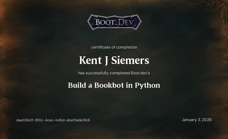 Kent J Siemers's Boot.dev Build a BookBot in Python certificate