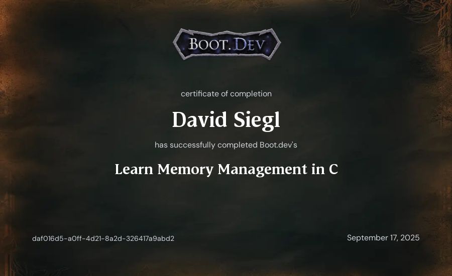 David Siegl's Boot.dev Learn Memory Management in C certificate