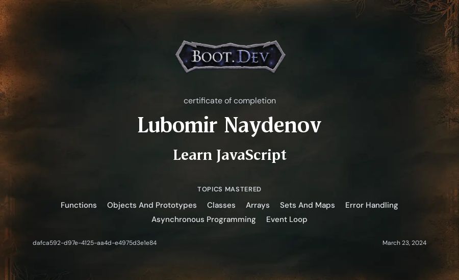 Lubomir Naydenov's Boot.dev Learn JavaScript certificate