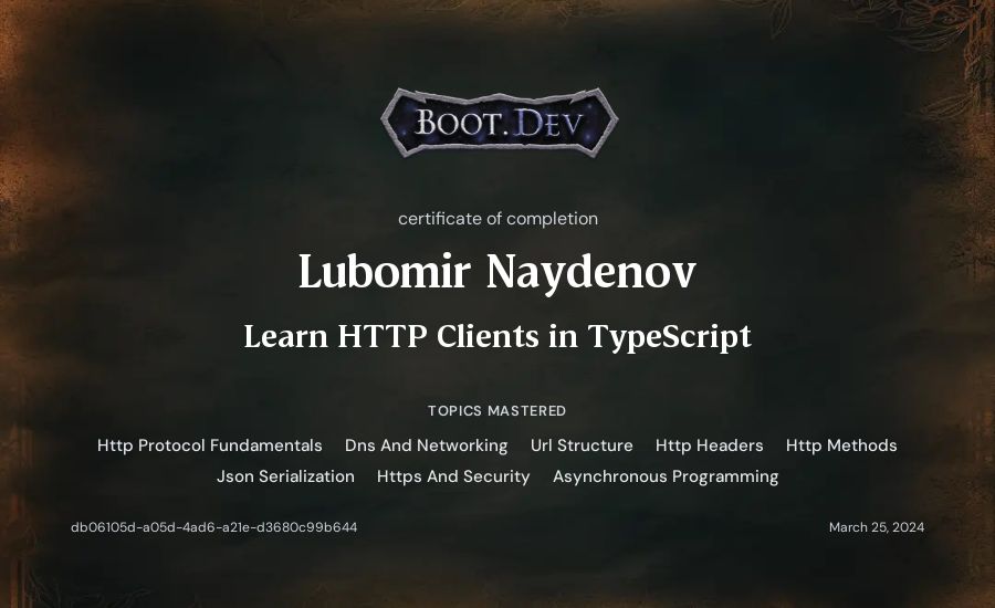 Lubomir Naydenov's Boot.dev Learn HTTP Clients in TypeScript certificate