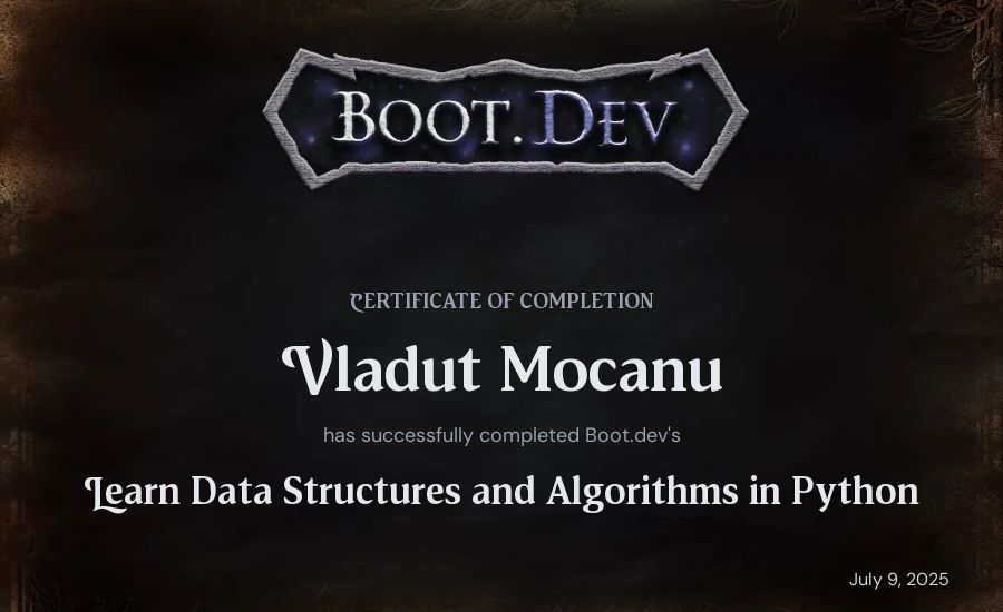 Vladut Mocanu's Boot.dev Learn Data Structures and Algorithms in Python certificate