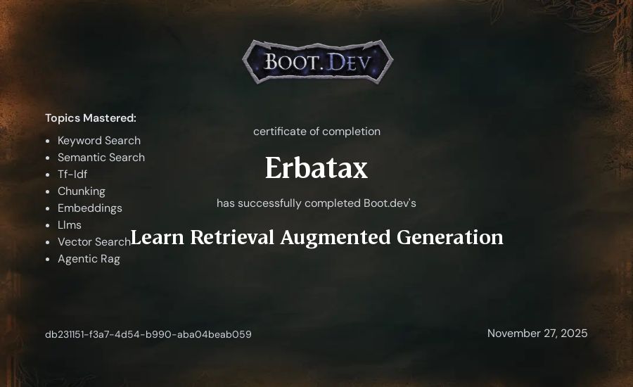 Erbatax's Boot.dev Learn Retrieval Augmented Generation certificate