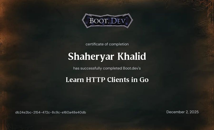 Shaheryar Khalid's Boot.dev Learn HTTP Clients in Go certificate