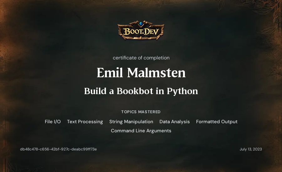 Emil Malmsten's Boot.dev Build a BookBot in Python certificate