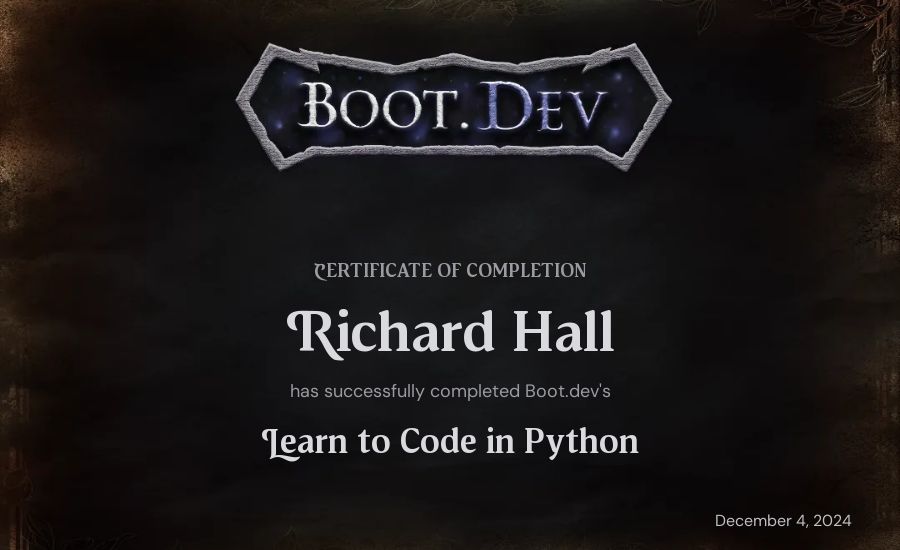 Richard Hall's Boot.dev Introduction to Python Course certificate