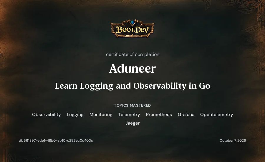 Aduneer's Boot.dev Learn Logging and Observability in Go certificate