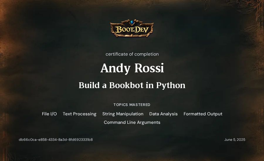 Andy Rossi's Boot.dev Build a BookBot in Python certificate