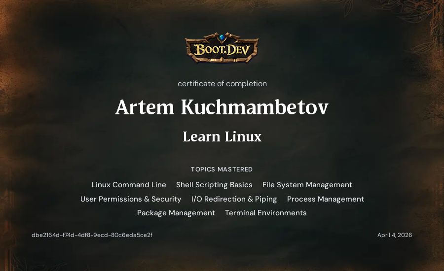 Artem Kuchmambetov's Boot.dev Learn Linux certificate