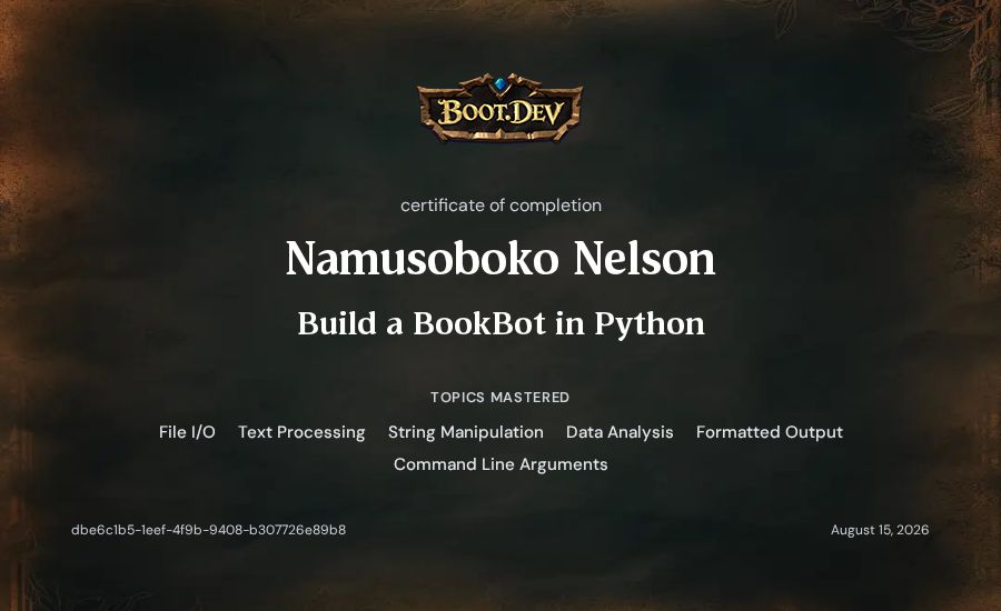 Namusoboko Nelson's Boot.dev Build a BookBot in Python certificate