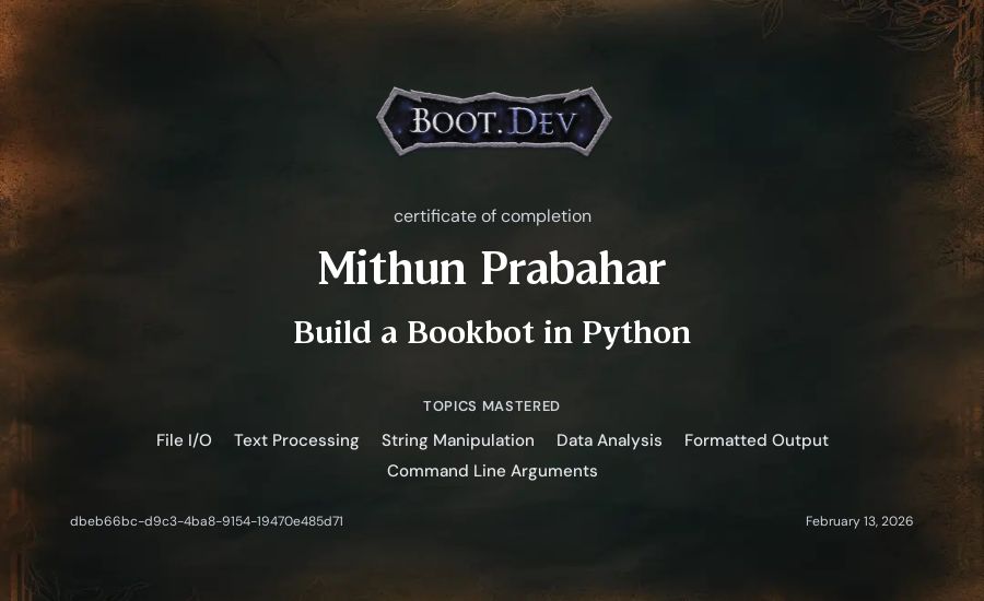 Mithun Prabahar's Boot.dev Build a BookBot in Python certificate