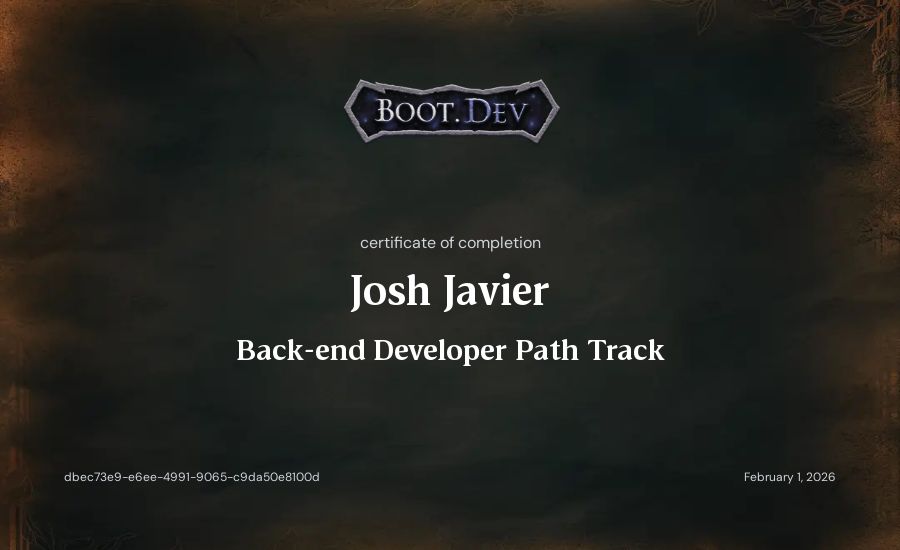 Josh Javier's Boot.dev Back-end Developer Path certificate