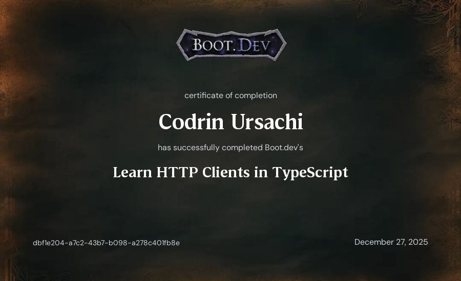 Codrin Ursachi's Boot.dev Learn HTTP Clients in TypeScript certificate