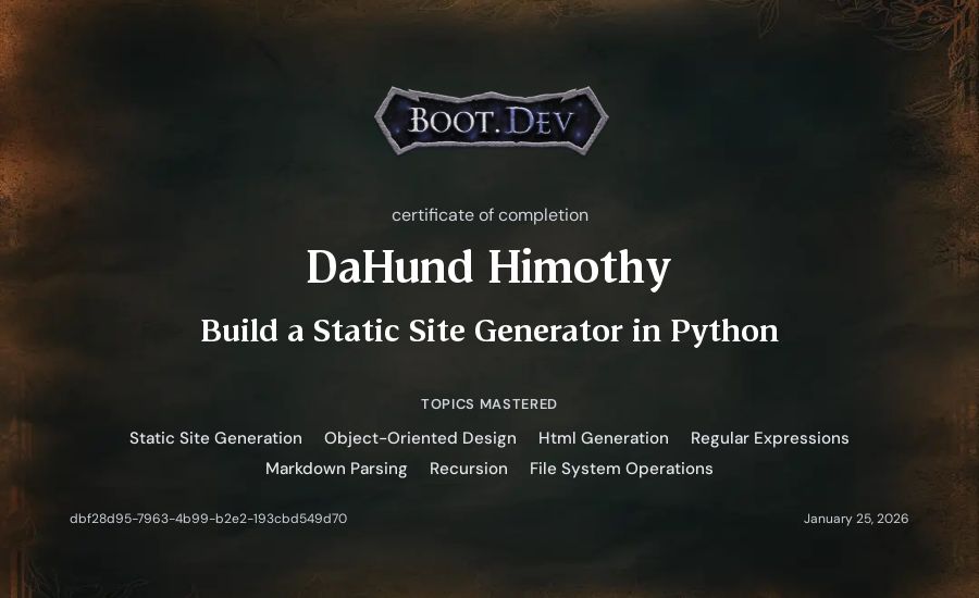 DaHund Himothy's Boot.dev Build a Static Site Generator in Python certificate