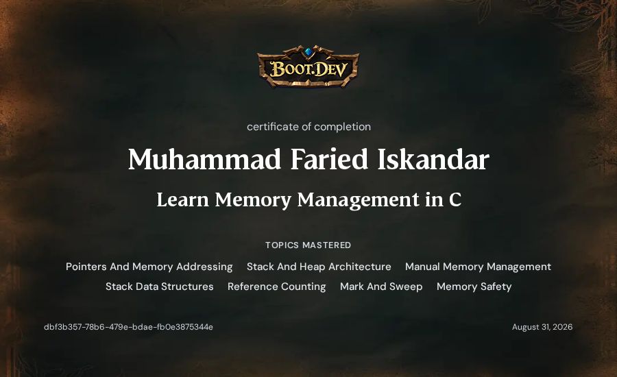 Muhammad Faried Iskandar's Boot.dev Learn Memory Management in C certificate