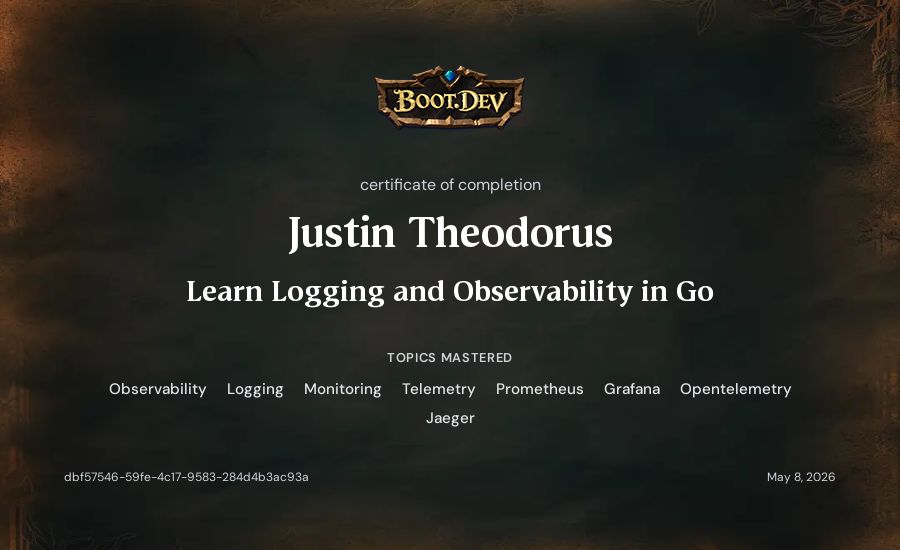 Justin Theodorus's Boot.dev Learn Logging and Observability in Go certificate