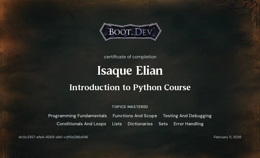 Isaque Elian's Boot.dev Introduction to Python Course certificate