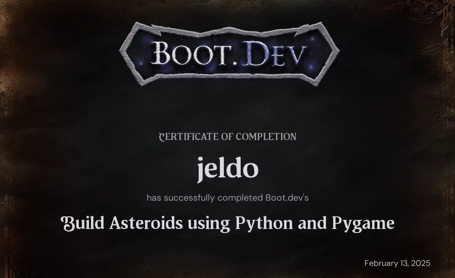 jeldo's Boot.dev Build Asteroids using Python and Pygame certificate