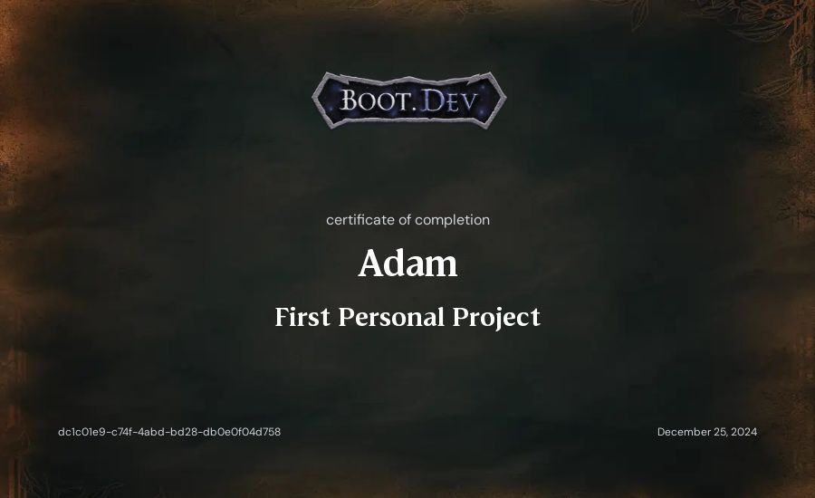 Adam's Boot.dev First Personal Project certificate