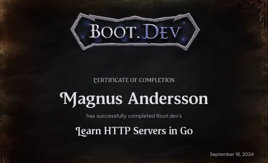 Magnus Andersson's Boot.dev Learn HTTP Servers in Go certificate