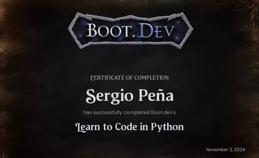 Sergio Peña's Boot.dev Introduction to Python Course certificate