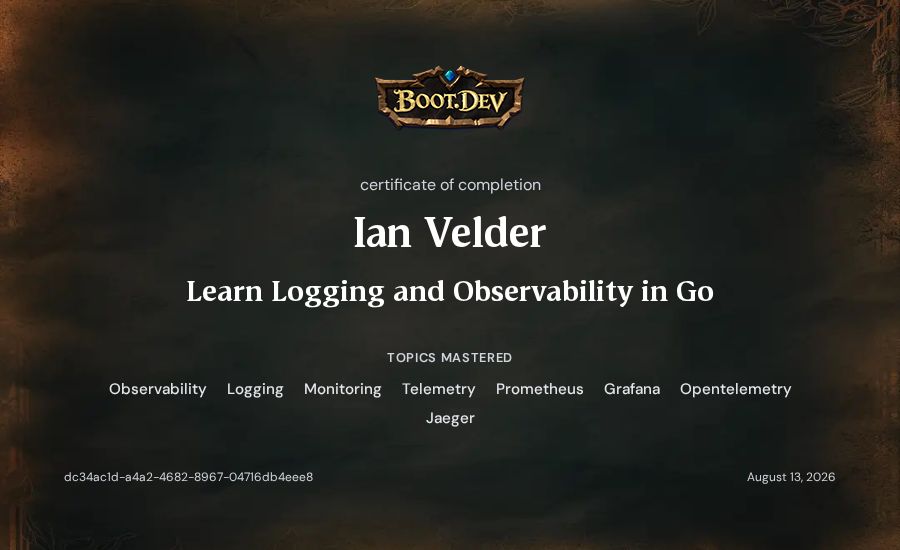 Ian Velder's Boot.dev Learn Logging and Observability in Go certificate