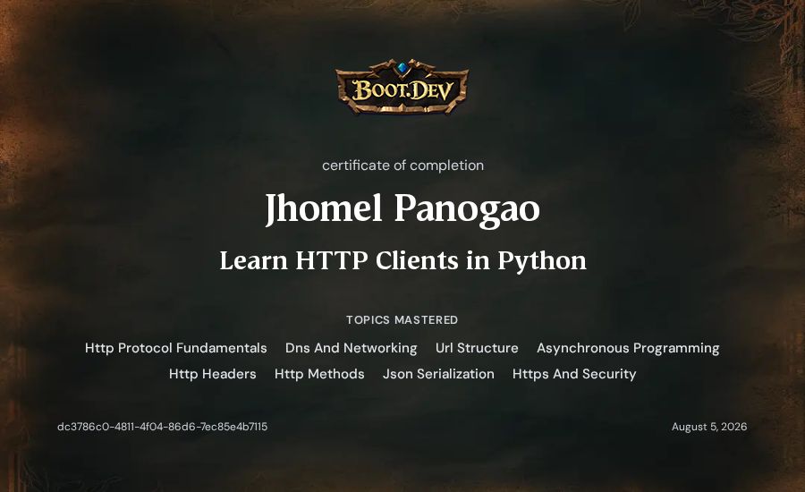 Jhomel Panogao's Boot.dev Learn HTTP Clients in Python certificate