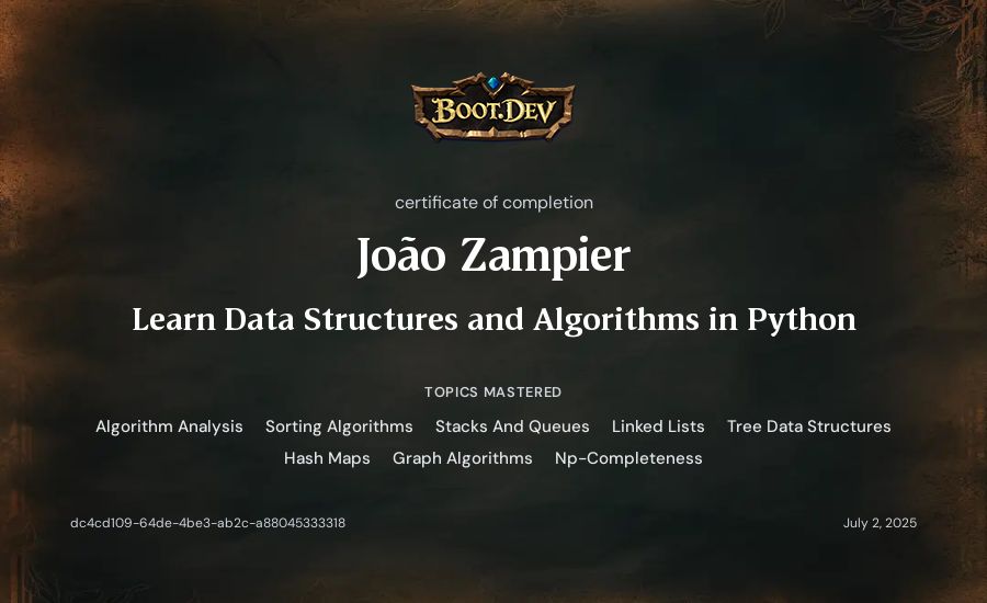 João Zampier's Boot.dev Learn Data Structures and Algorithms in Python certificate
