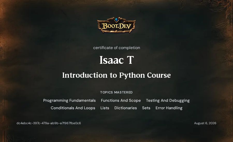 Isaac T's Boot.dev Introduction to Python Course certificate