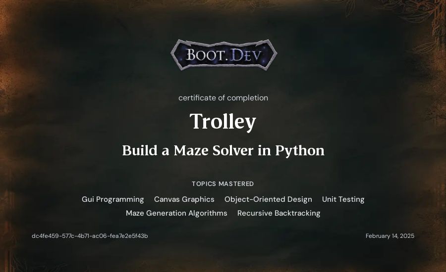 Trolley's Boot.dev Build a Maze Solver in Python certificate