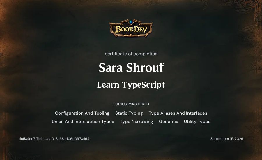Sara Shrouf's Boot.dev Learn TypeScript certificate