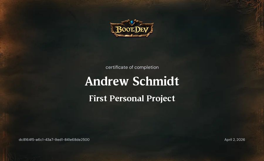 Andrew Schmidt's Boot.dev First Personal Project certificate