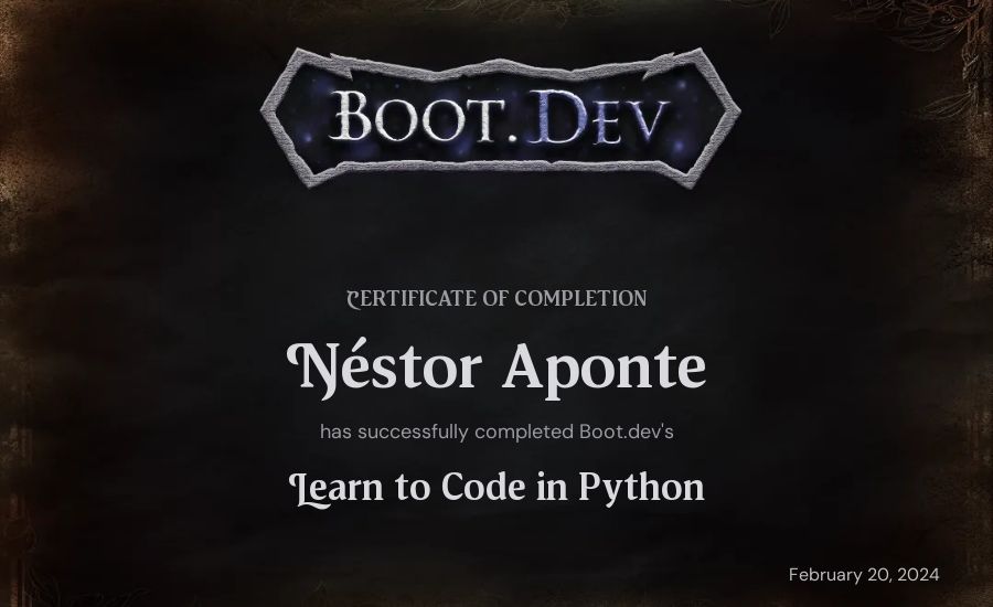 Néstor Aponte's Boot.dev Introduction to Python Course certificate