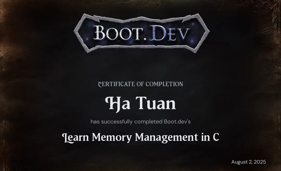 Ha Tuan's Boot.dev Learn Memory Management in C certificate