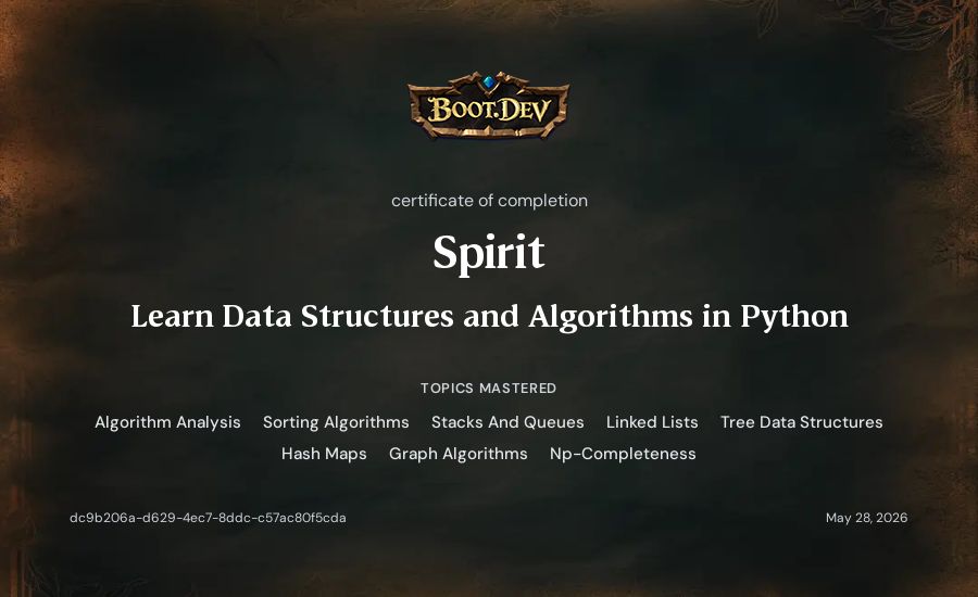 Spirit's Boot.dev Learn Data Structures and Algorithms in Python certificate