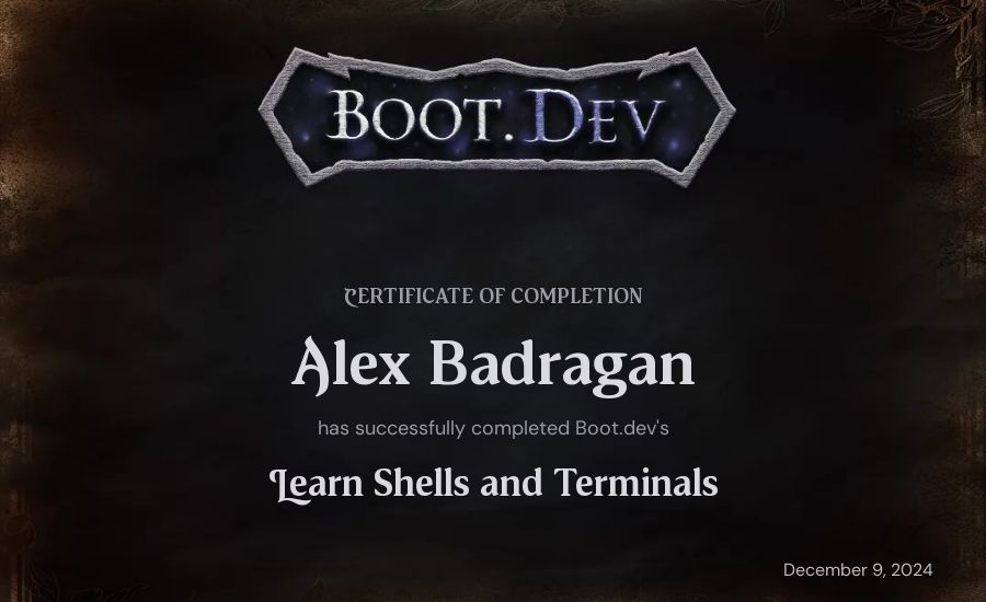 Alex Badragan's Boot.dev Learn Linux certificate
