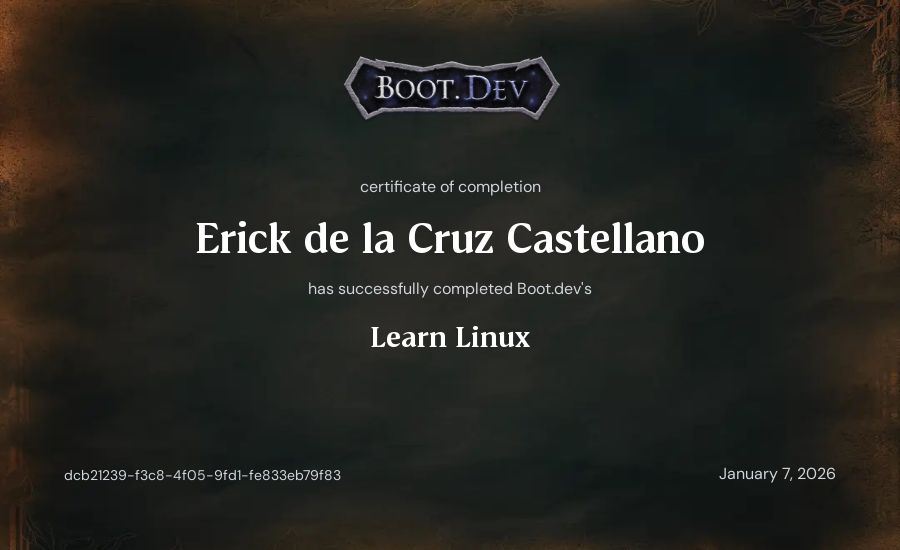 Erick de la Cruz Castellano's Boot.dev Learn Linux certificate